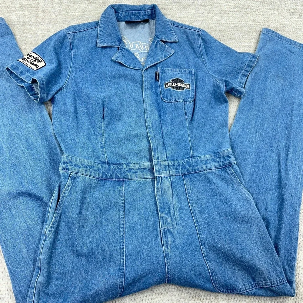 Harley Davidson Denim Bib Coverall Jumpsuit Women Large Blue Embroidered Y2K - Picture 4 of 16